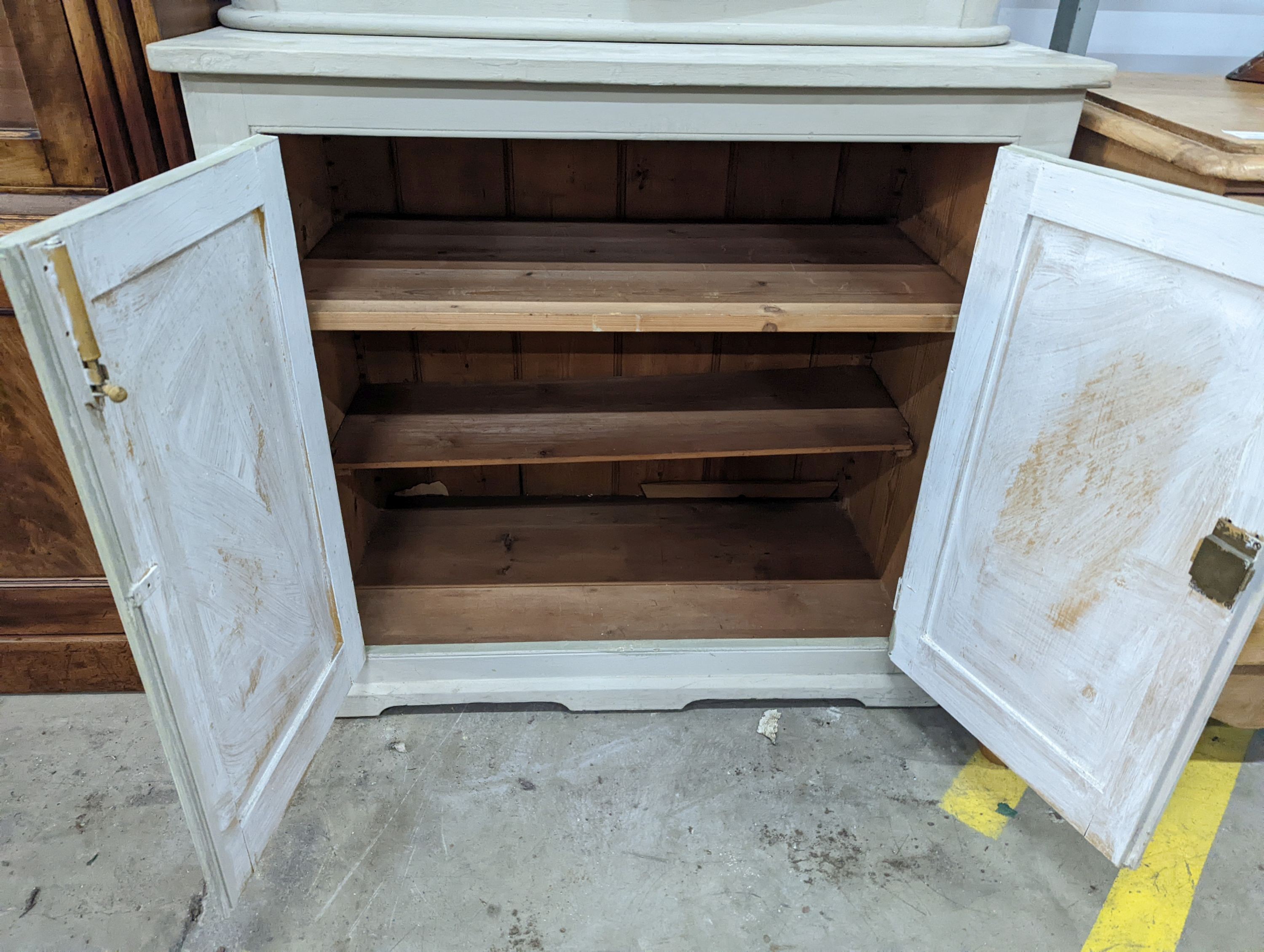 A 19th century Continental painted pine side cabinet, width 91cm, depth 47cm, height 154cm